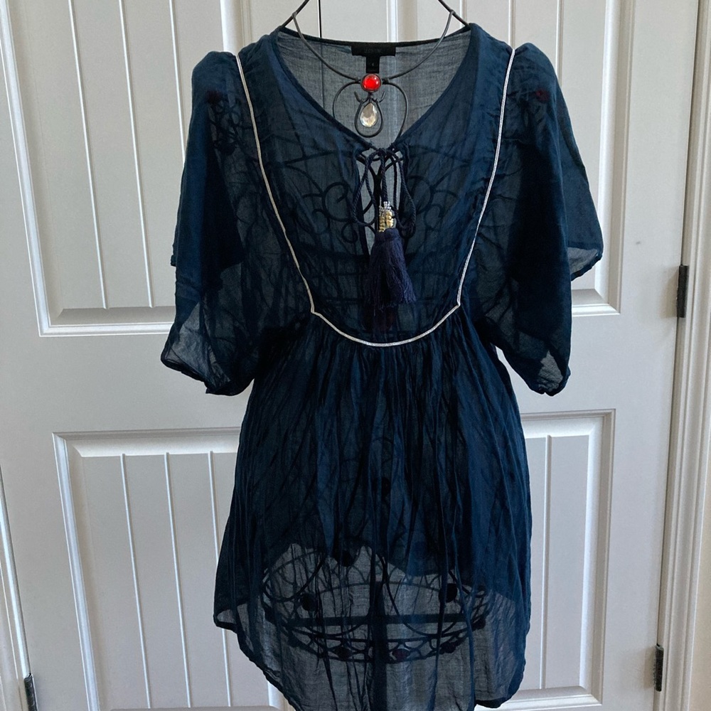 JCREW Blue Top with Silver Piping & Beaded Tassels